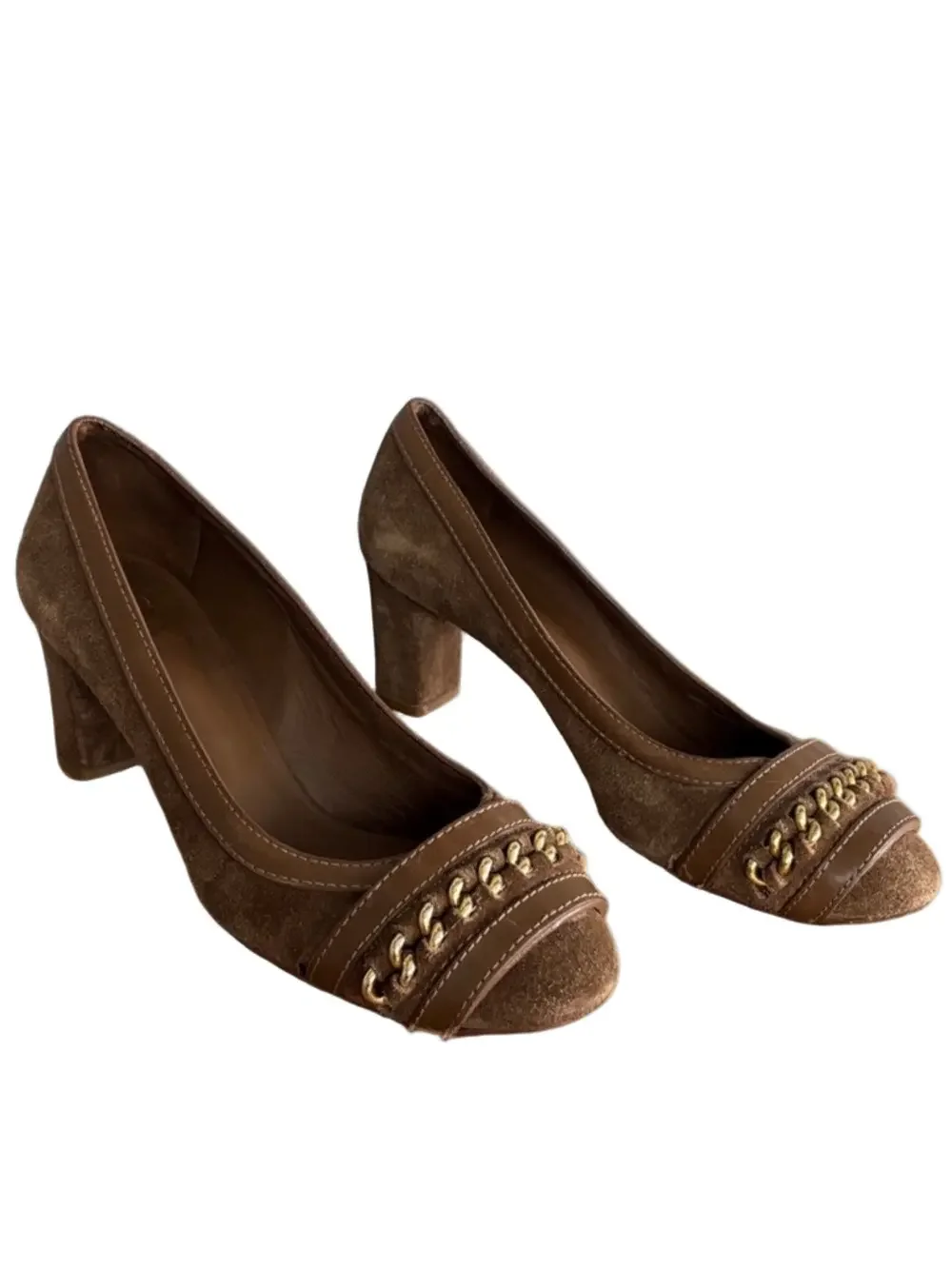 Tory Burch Y2K Salem Brown Suede Pumps with Gold-tone Chain Detail size 9.5 - Picture 2 of 12